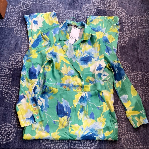 🦜 ZARA GREEN BLUE YELLOW FLORAL SATIN WIDE LEG LONG SLEEVE JUMPSUIT! - Picture 12 of 16